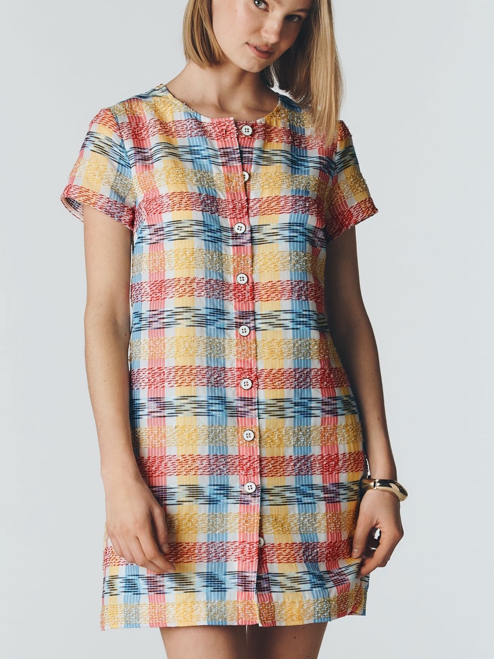 Anthropologie Short-Sleeve Button-Front Plaid Dress in Yellow, Red & Blue